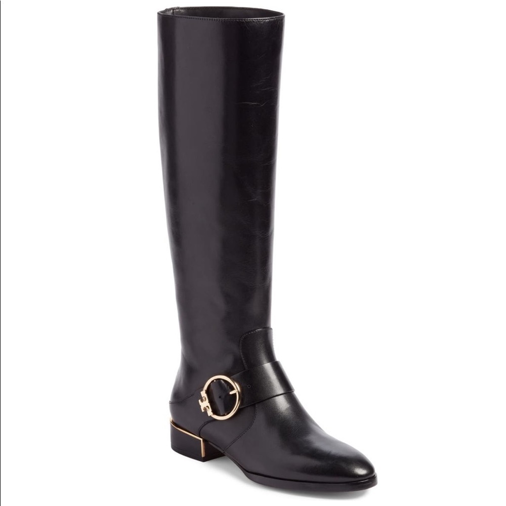 Tory Burch Sofia Black Buckled Leather Riding Wide Calf Boot